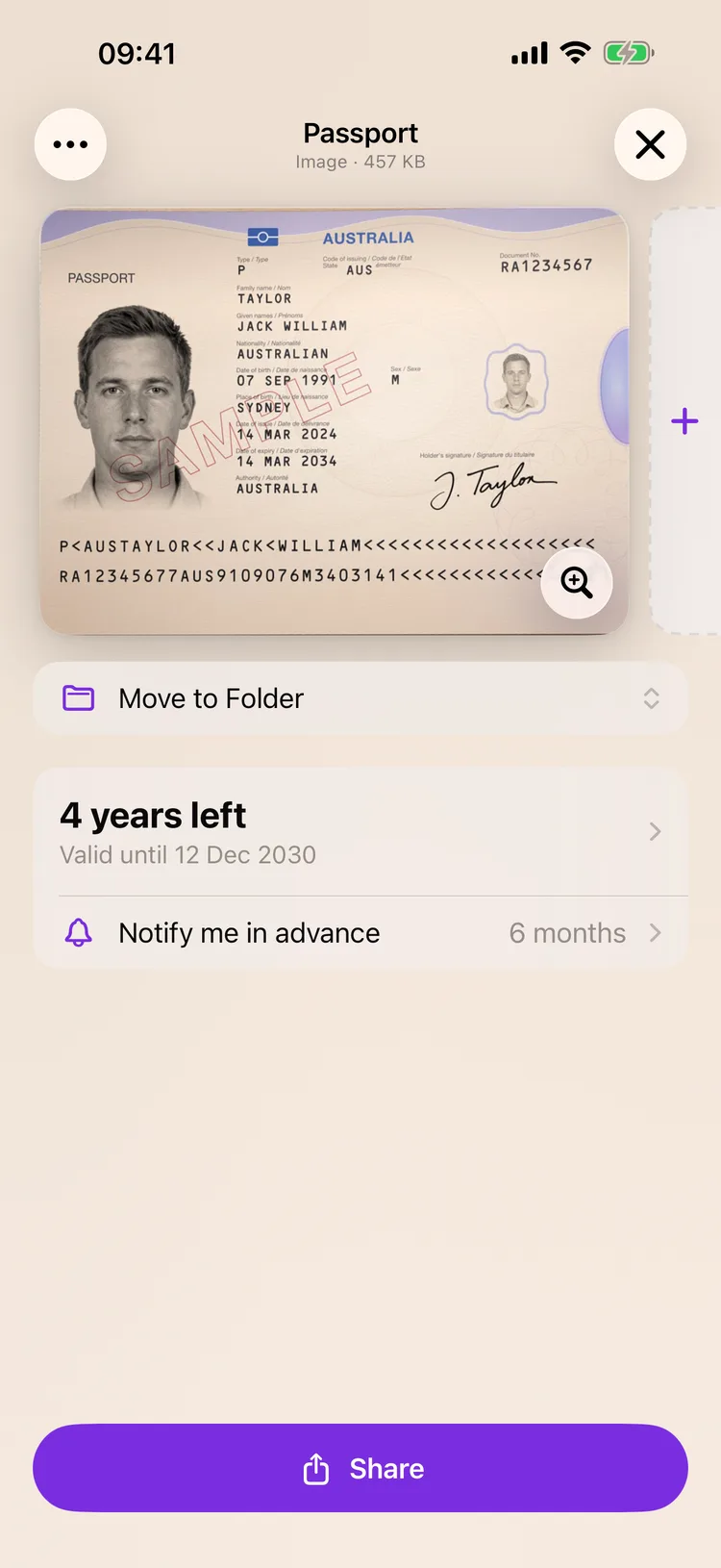 A passport open in Dokus, filling the screen, with its name and document type above it.