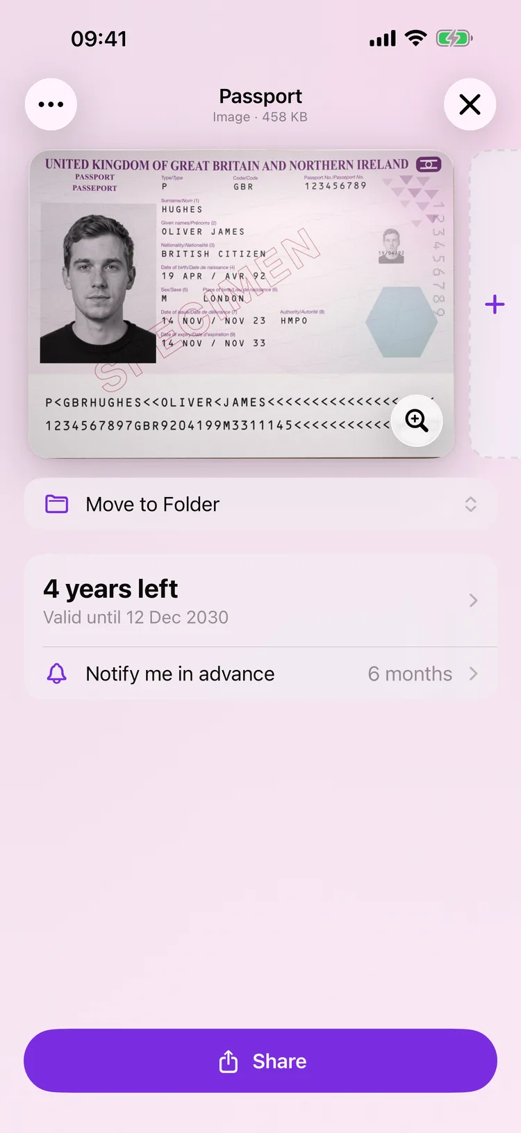 A passport open in Dokus, filling the screen, with its name and document type above it.