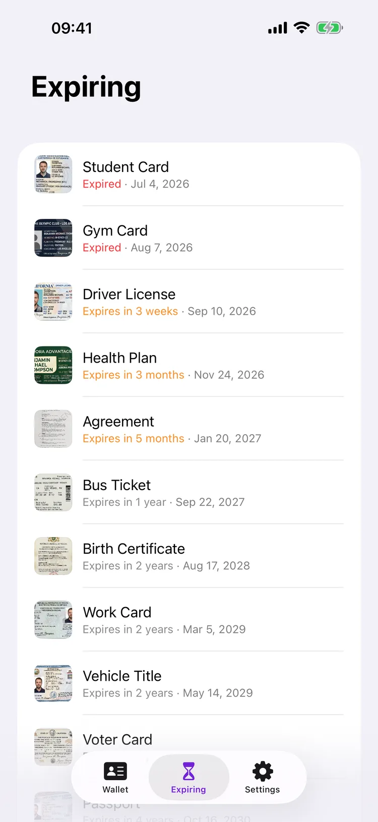 The Dokus Expiring page listing documents by validity date, the expired ones marked in red at the top.