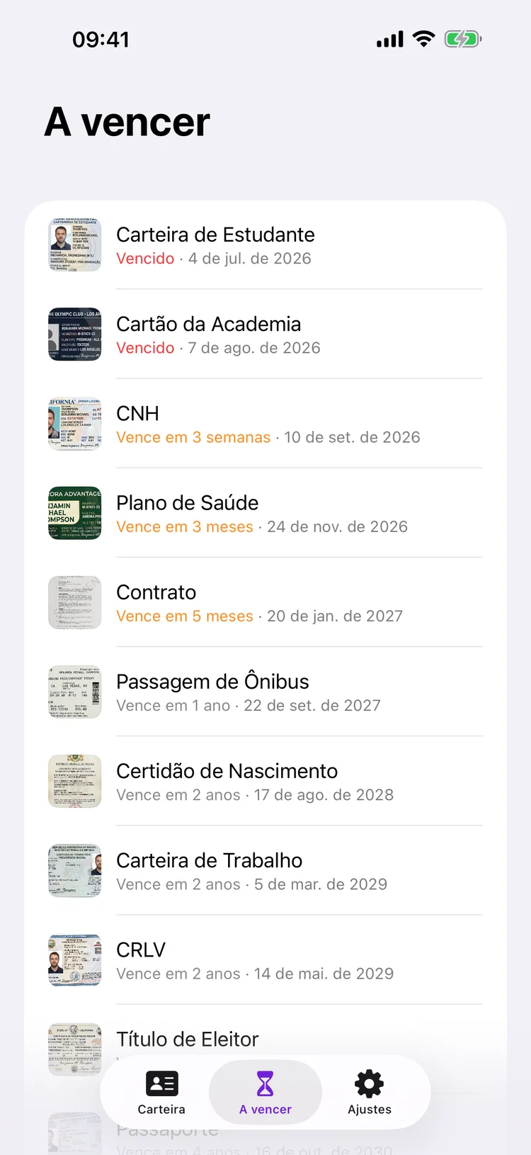 Tela A vencer do Dokus, com os documentos em ordem de validade e os vencidos marcados em vermelho no topo.