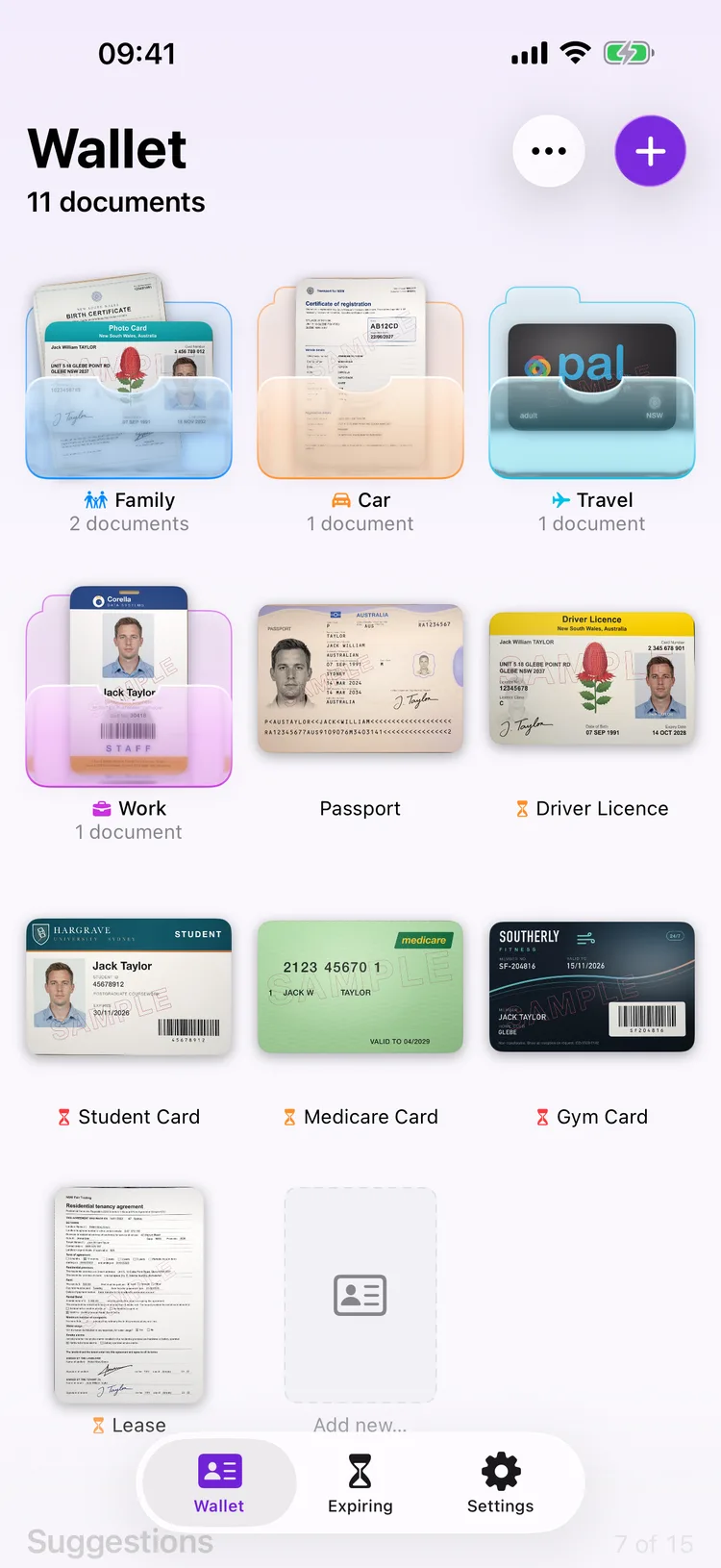 Dokus home screen showing a grid of document tiles, including a passport and a driver licence.