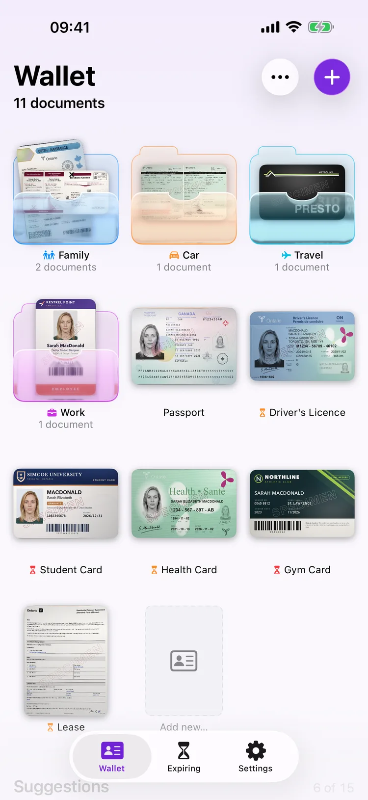 Dokus home screen showing a grid of document tiles, including a passport and a driver's licence.
