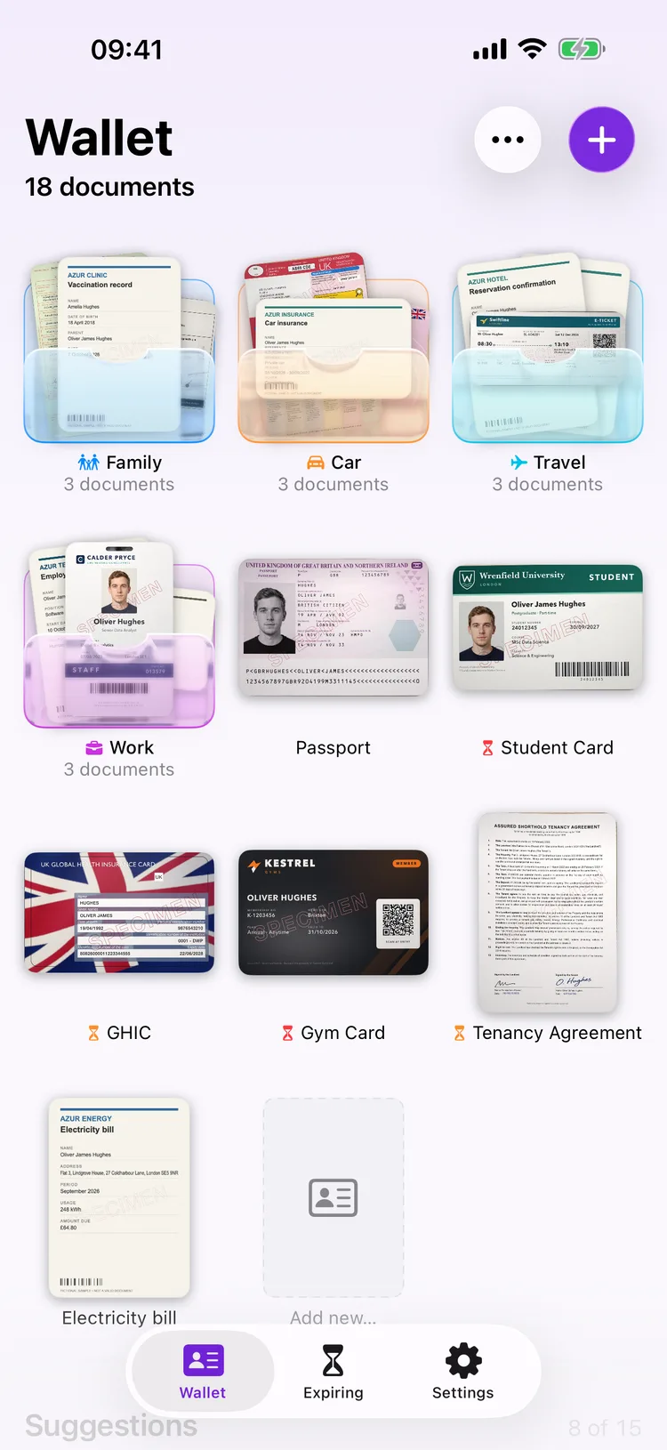 Dokus home screen showing a grid of document tiles, including a passport and a driving licence.