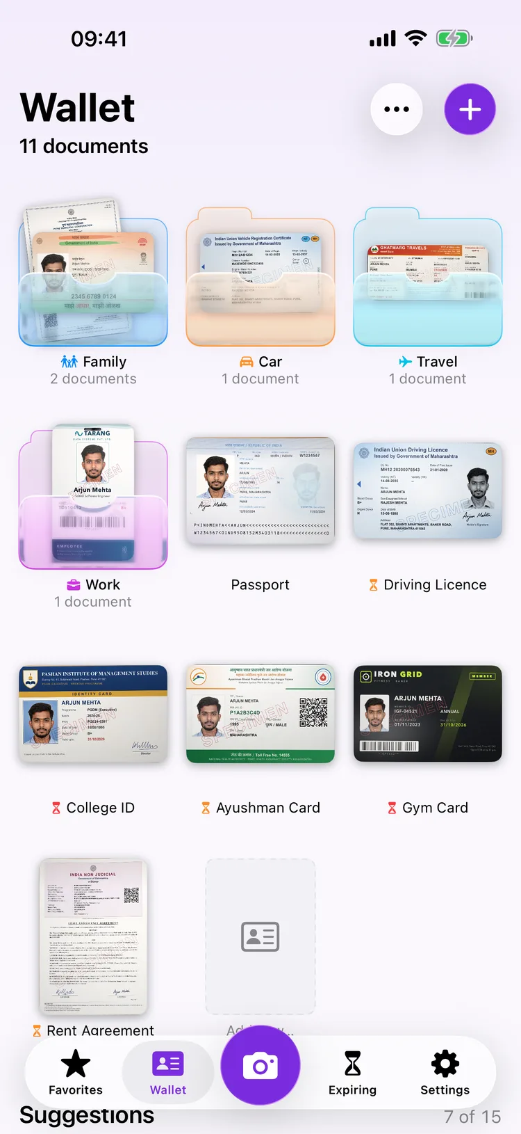 Dokus home screen showing a grid of document tiles, including a passport and a driving licence.