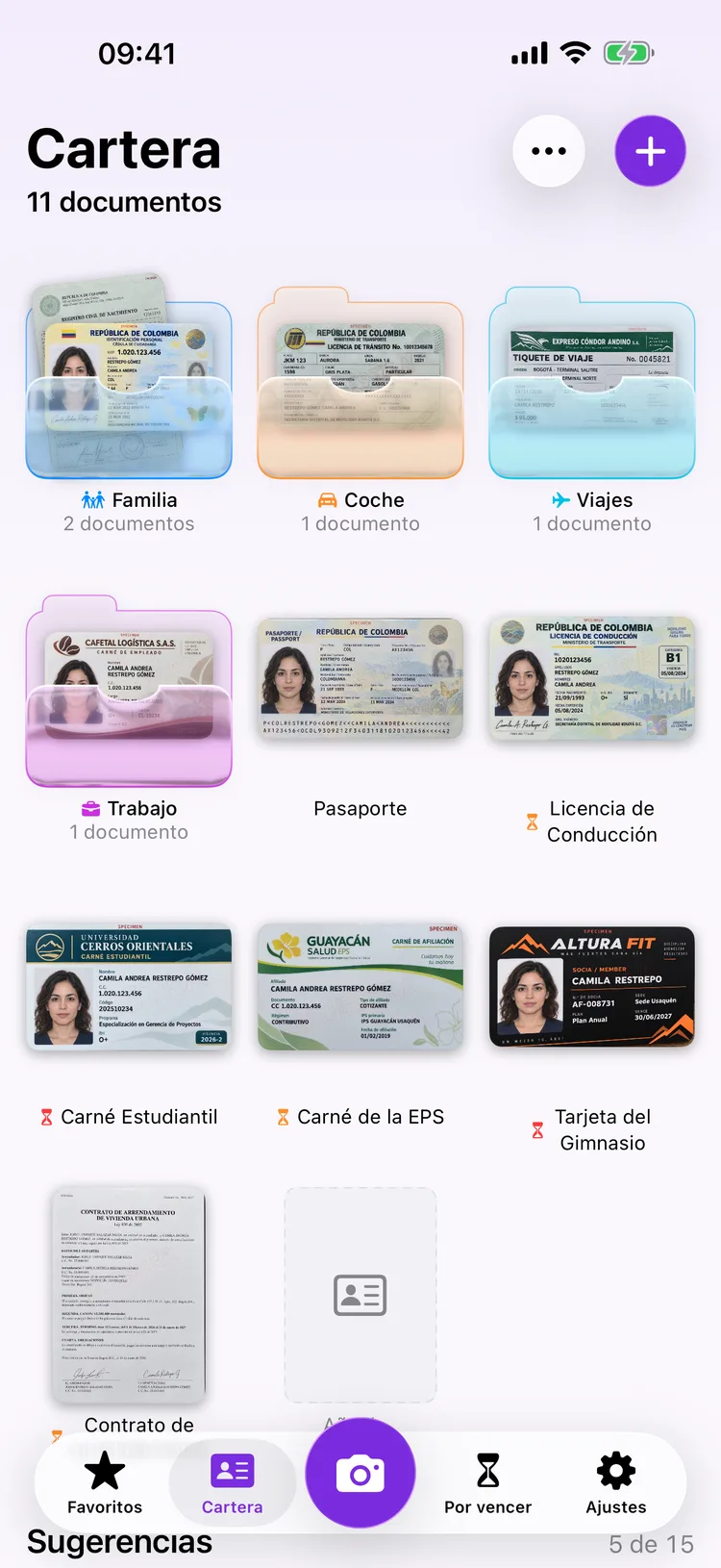 Pantalla de inicio de Dokus con una cuadrícula de documentos, incluidos un pasaporte y una licencia de conducir.