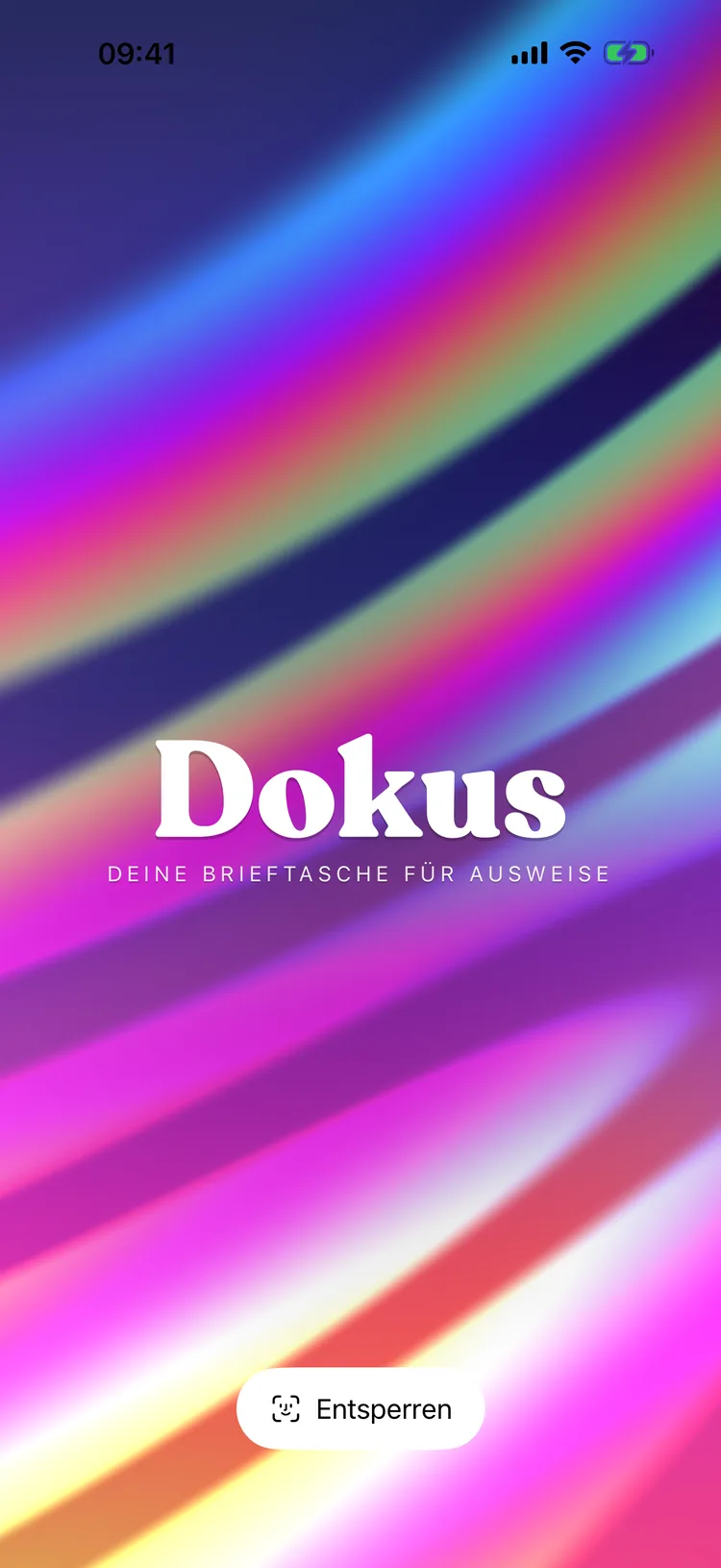 Der Startbildschirm von Dokus: der Dokus-Schriftzug über einem fließenden, schillernden Farbverlauf.