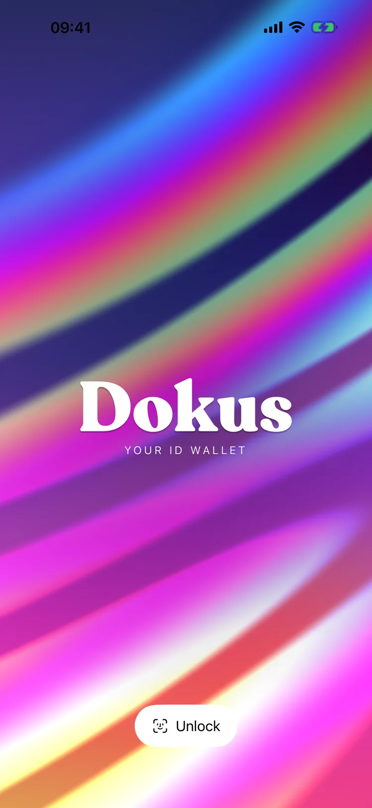 The Dokus launch screen: the Dokus wordmark over a flowing iridescent gradient.