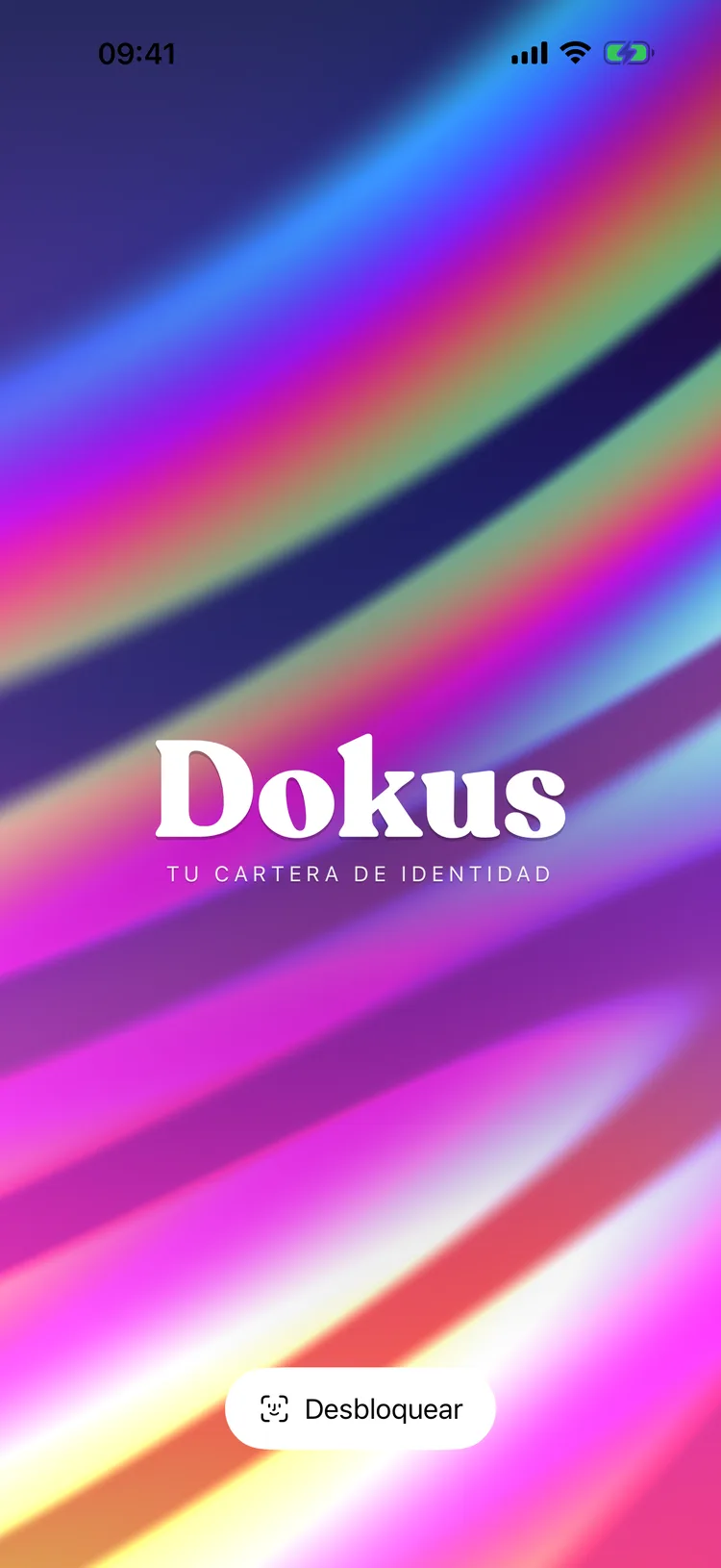 La pantalla de inicio de Dokus: el logotipo Dokus sobre un degradado iridiscente.