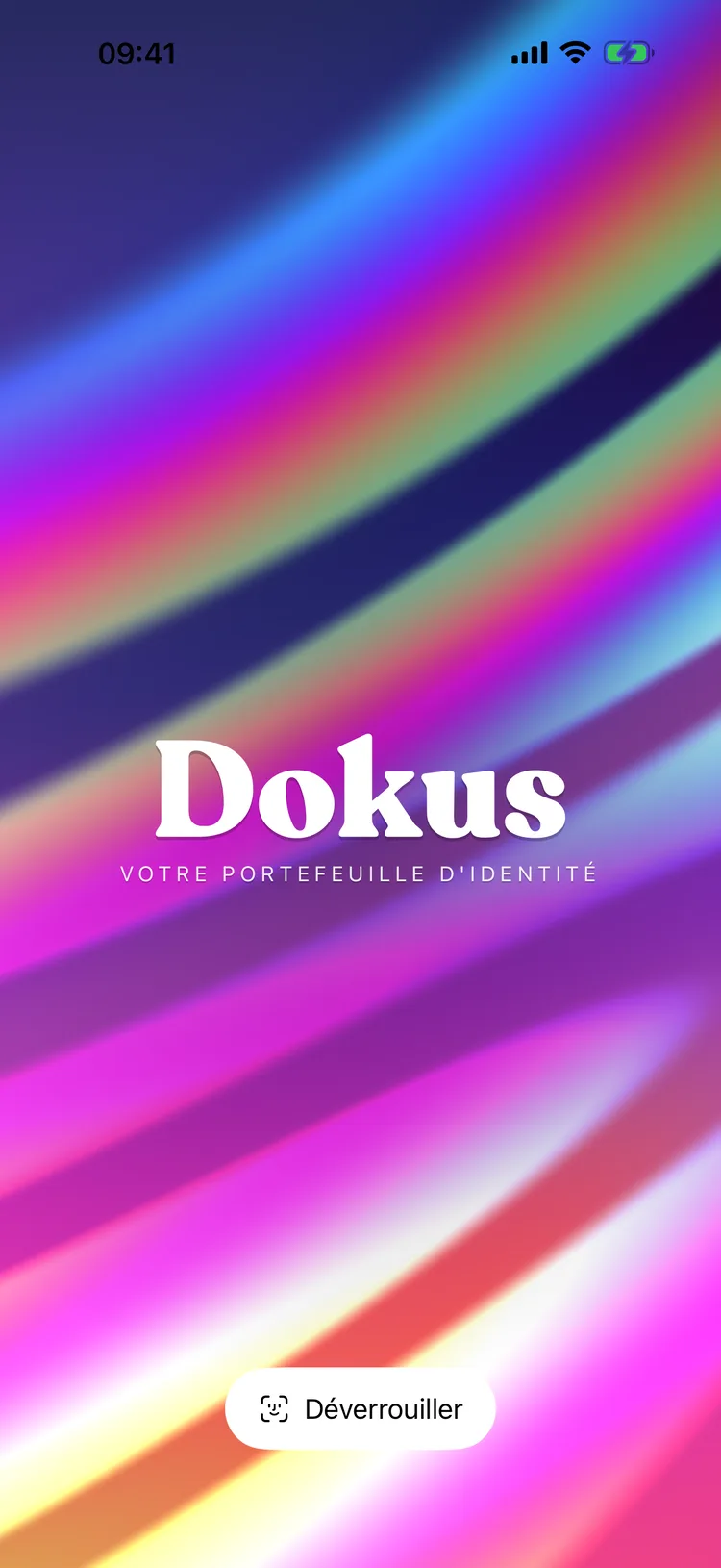 L’écran de lancement de Dokus : le logotype Dokus sur un dégradé iridescent.