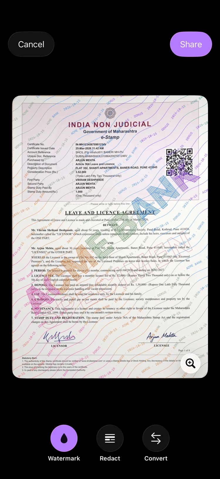 The Dokus share screen showing a copy of a document with the recipient's name stamped diagonally across it.