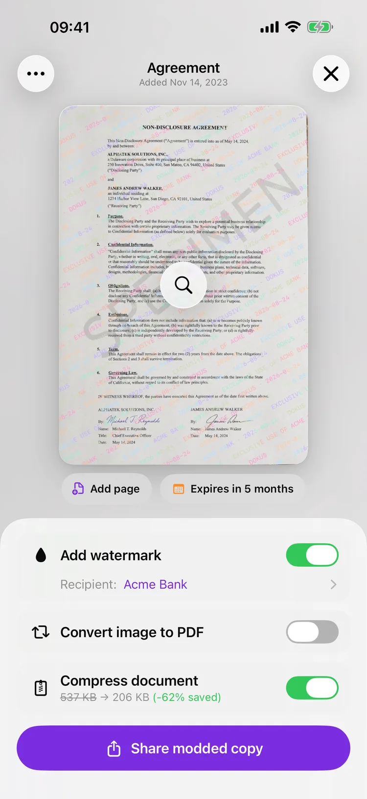 The Dokus share screen showing a copy of a document with the recipient's name stamped diagonally across it.
