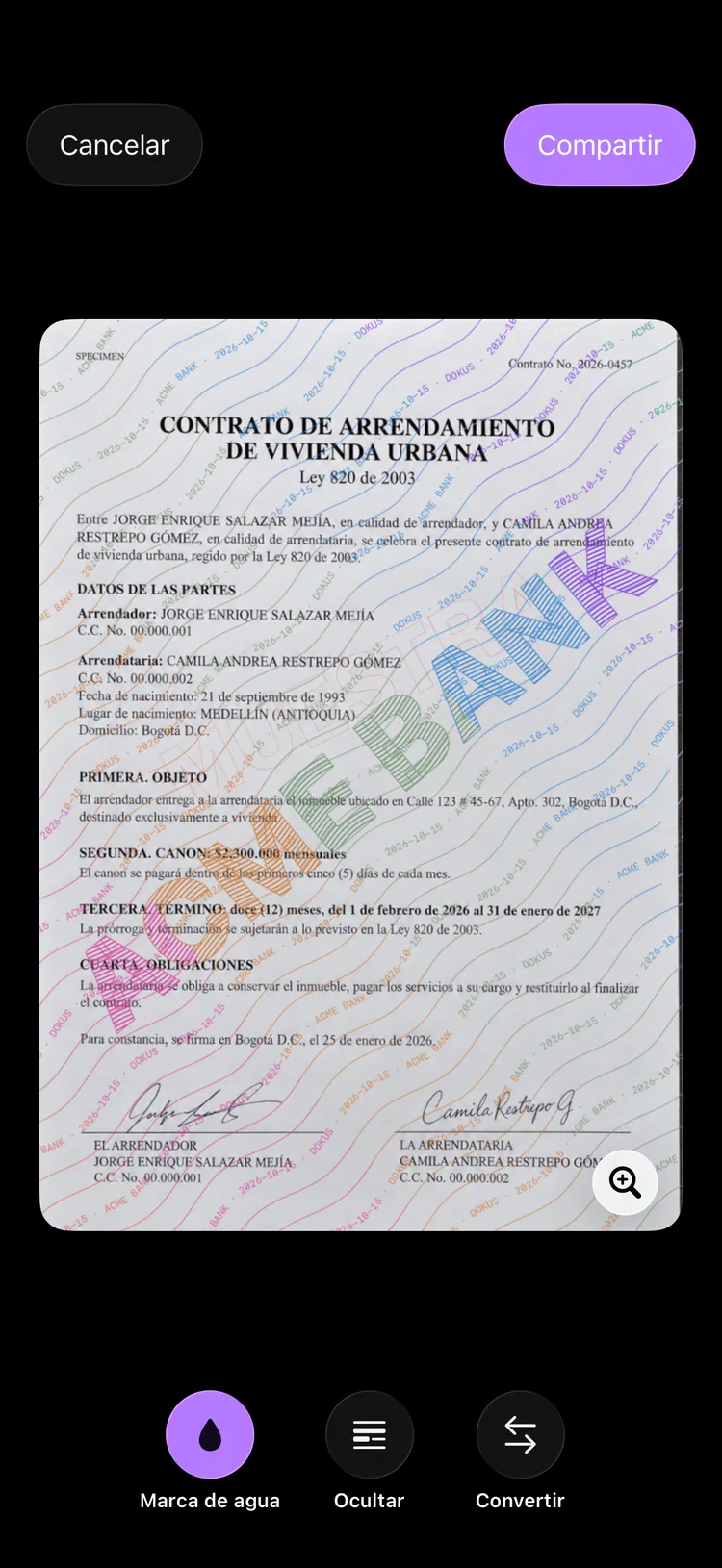 Pantalla de compartir de Dokus mostrando la copia de un documento con el nombre del destinatario estampado en diagonal.