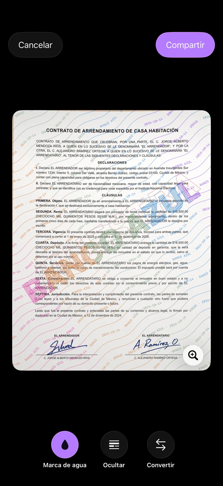 Pantalla de compartir de Dokus mostrando la copia de un documento con el nombre del destinatario estampado en diagonal.