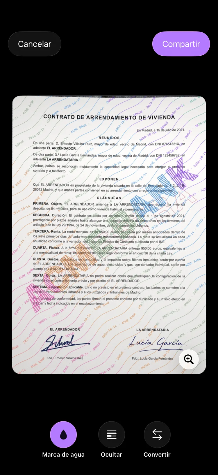 Pantalla de compartir de Dokus mostrando la copia de un documento con el nombre del destinatario estampado en diagonal.