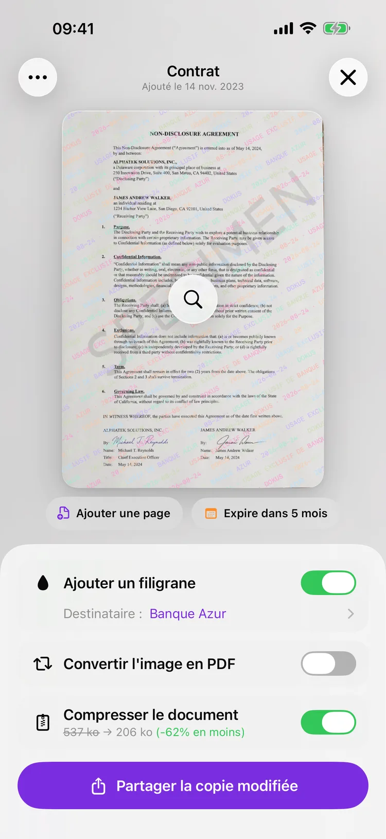 L'écran de partage de Dokus, montrant la copie d'un document avec le nom du destinataire inscrit en diagonale.