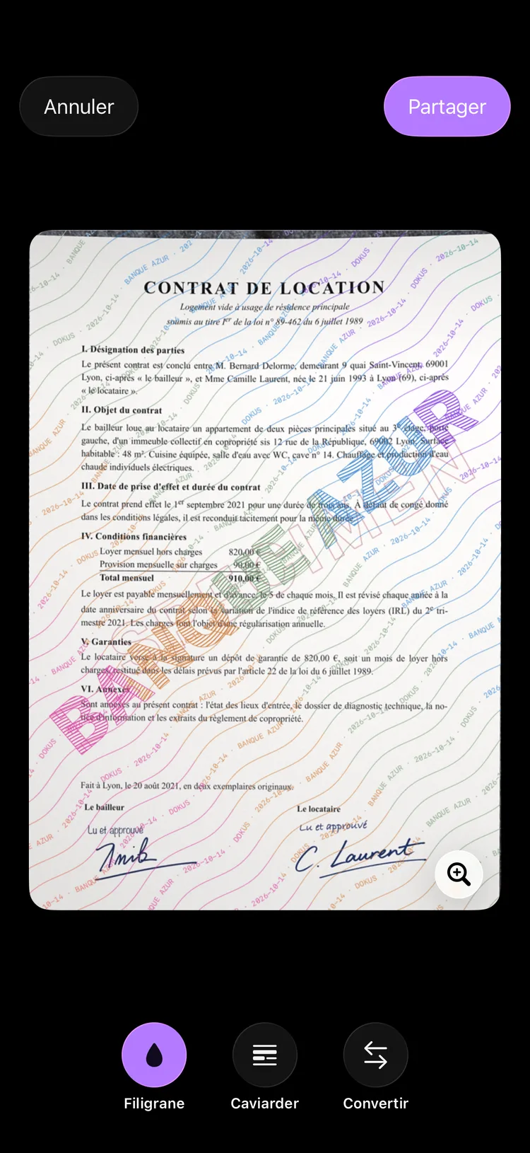 L'écran de partage de Dokus, montrant la copie d'un document avec le nom du destinataire inscrit en diagonale.