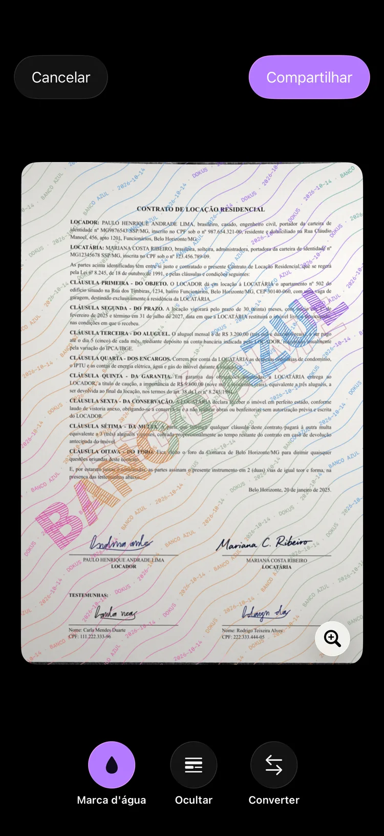 Tela de compartilhamento do Dokus mostrando a cópia de um documento com o nome do destinatário carimbado na diagonal.