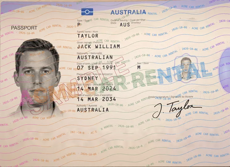 After: its document number and machine-readable lines are hidden, with an Acme Car Rental watermark dated 6 October 2026. The name, photograph, signature and other details remain visible. A real identity check may require an unaltered copy.