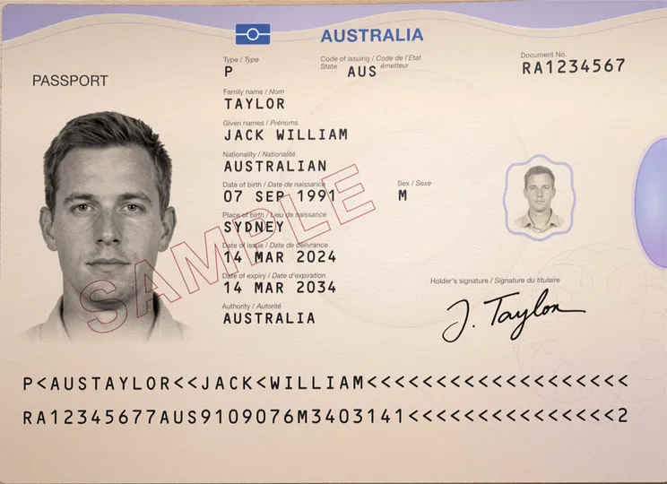 Specimen Australian passport with made-up details. A locked copy is still only a copy.
