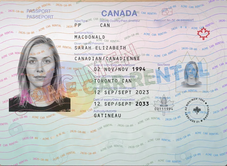 After: its passport number and machine-readable lines are hidden, with an Acme Car Rental watermark dated October 6, 2026. The name, photograph and other details remain visible. This example does not demonstrate an accepted verification.