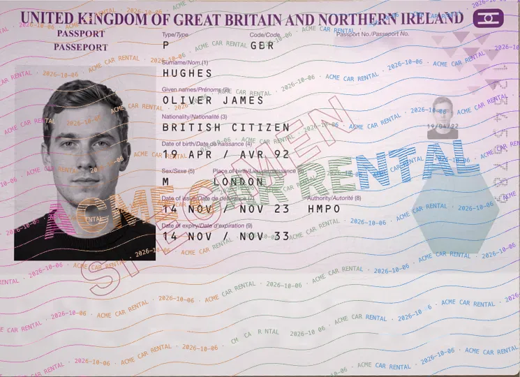After: its passport number and machine-readable lines are hidden, with an Acme Car Rental watermark dated 6 October 2026. The name, photograph and other details remain visible. This is an illustration, not an accepted identity check.