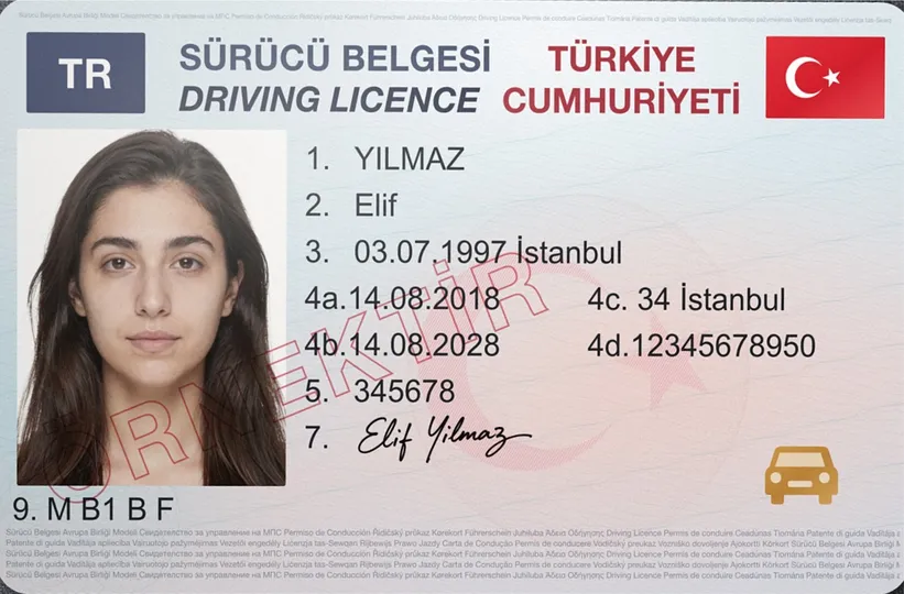 Kurgusal bilgiler içeren Türk sürücü belgesi örneği; resmî belge değildir.