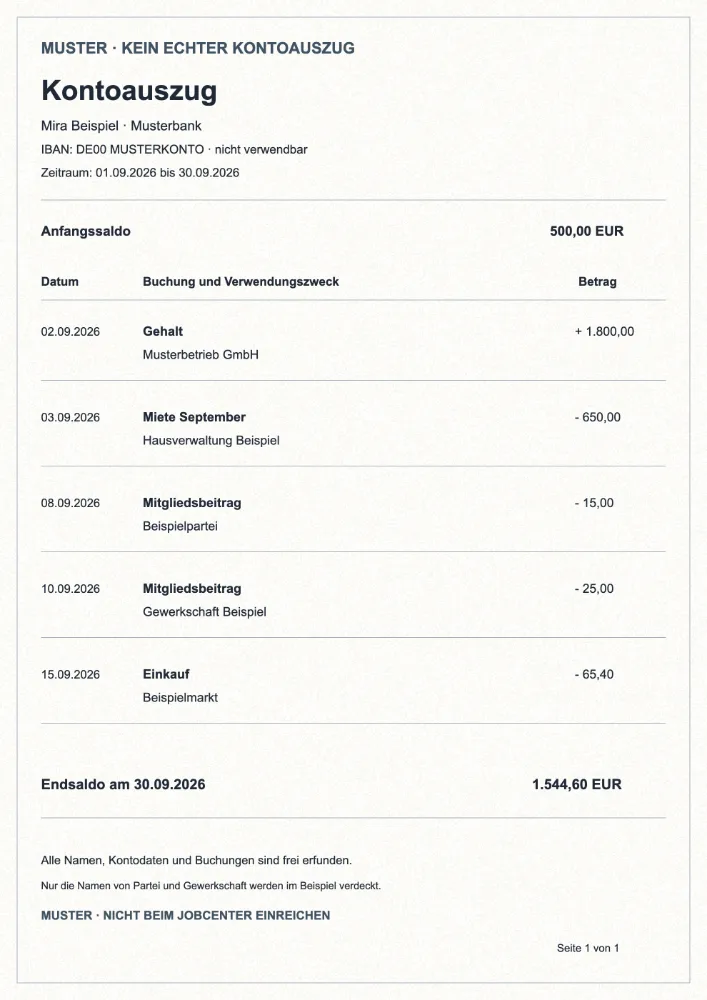 Vollständig erfundener Kontoauszug von Mira Beispiel mit einer Seite, Gehaltseingang, Ausgaben und zwei sensiblen Empfängernamen.