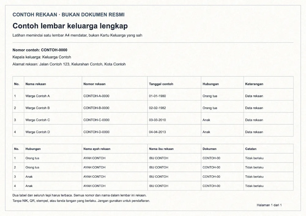 Masukan contoh KK rekaan dengan seluruh tepi lembar A4, kedua tabel keluarga, dan bagian bawah halaman terlihat.