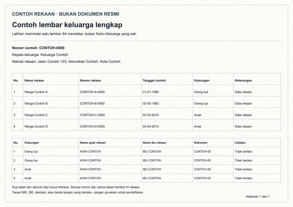 Hasil contoh KK rekaan setelah diproses, tetap memuat seluruh halaman dan semua baris keluarga.