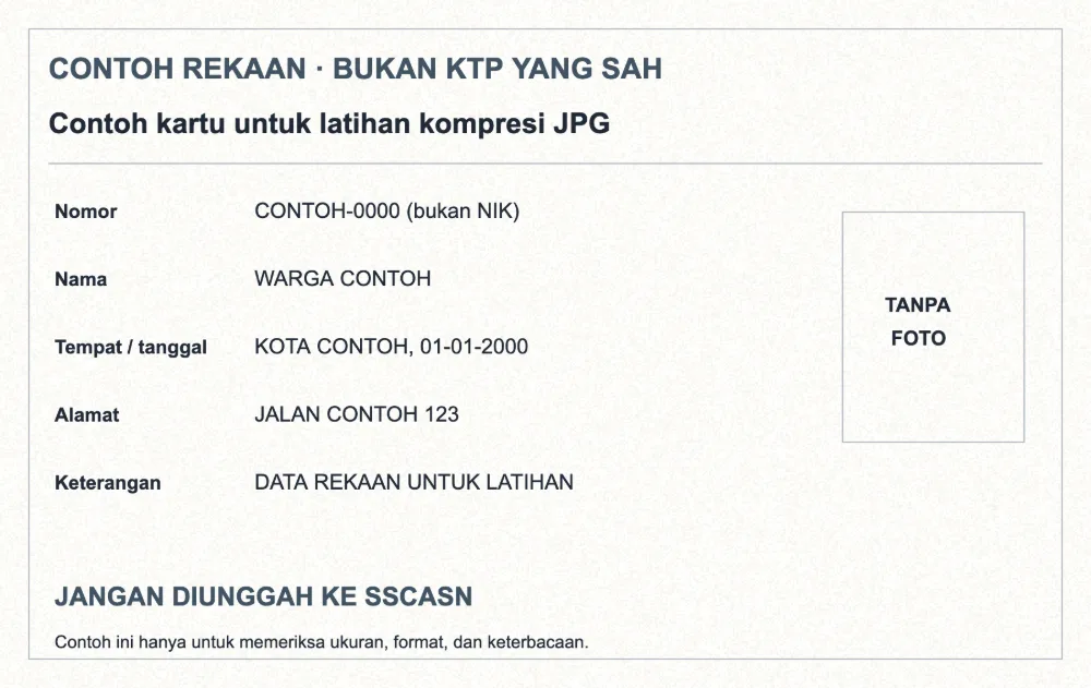 Gambar masukan KTP rekaan sebelum kompresi, dengan data contoh dan seluruh tepi kartu terlihat.