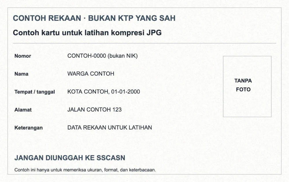 JPG hasil kompresi KTP rekaan dengan seluruh kartu terlihat dan tulisan untuk diperiksa.