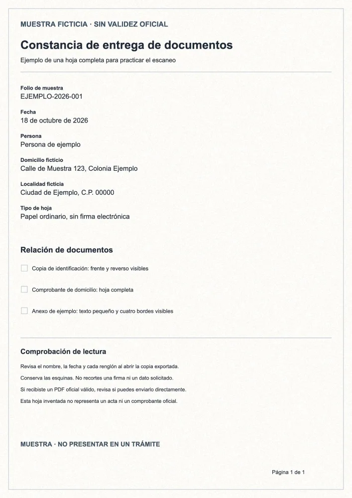 Después: copia de la misma hoja ficticia procesada por el compresor, con sus cuatro bordes y el texto del pie de página.